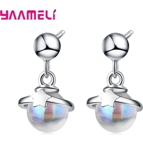Fantastic Moonstone Universe Planet Drop Dangle Earrings 925 Sterling Silver Ear Jewelry for Women Girl Party Gifts