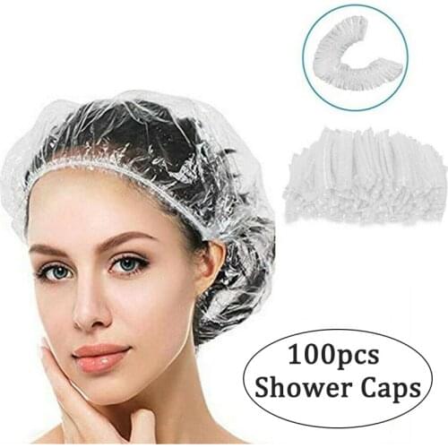 100pcs/lot Disposable Shower Caps Clear Hair Salon Shower Caps Waterproof Elastic Shower Hat Bath Bonnet Beauty Accessories