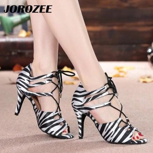 JOROZEE Latin dance shoes Women Zebra Satin Salsa Square Ballroom Dancing Shoes 7.5cm Cuba High Heel Soft Outsole