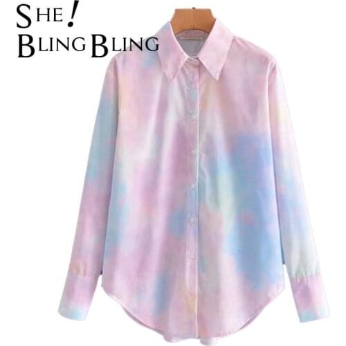 SheBlingBling Za Women 2021 Tie dye Casual Tops Blouse Pink Shirts Sweet Long Sleeve Blouse Button Traf Shirt Femme Blouse