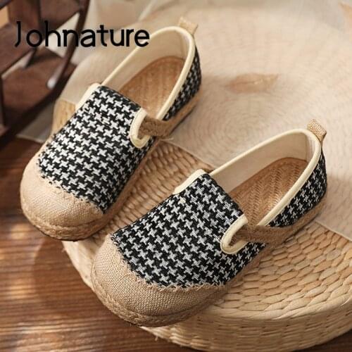 Johnature Flats Women Shoes Plaid Retro 2021 New Spring/Autumn Cotton Linen Casual Shallow Handmade Concise Leisure Ladies Shoes
