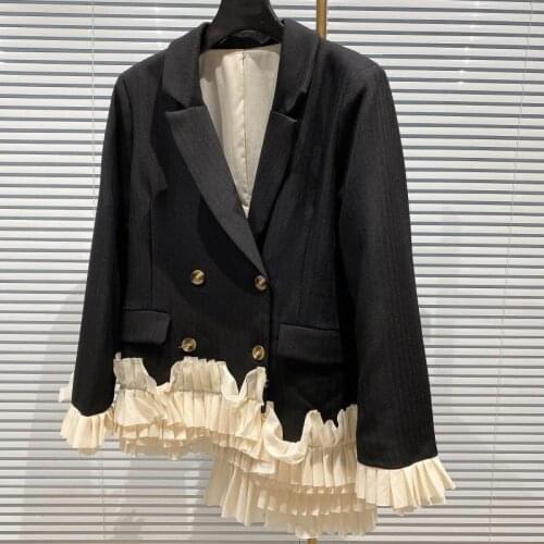 Ins Chic Fall Winter Patchwork Ruffled Pleats Dark Striped Suit Blazer Unique Irregular Ladies Blazer Jacket