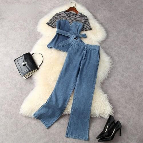 High Fashion Streetwear Summer 2 Piece Set Casual Outfits Denim Suit Women Short Sleeve Striped Patchwork Top and Jeans Pants