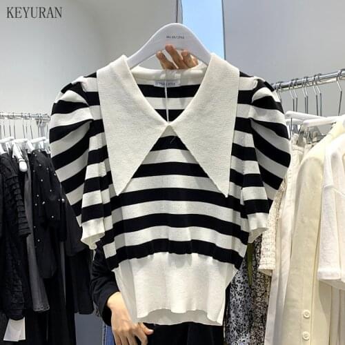 2021 Spring Autumn Striped Short Sweater Women Stylish New Puff Sleeve Turn-down Collar Pullovers Streetwear Knitted Tops