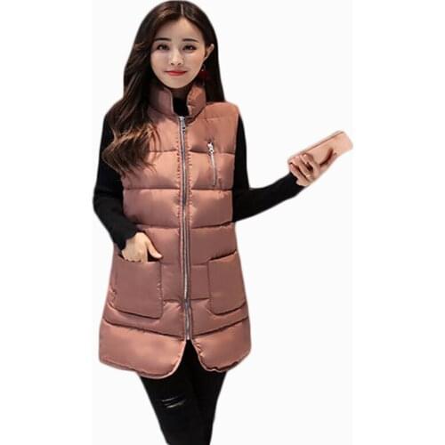 2017 new women autumn winter jacket vest mid-length stand collar warm ladies parka cotton wadding female slim waistcoat ZL581