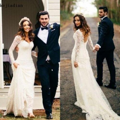 Romantic Boho Mermaid Wedding Dresses beach 2020 Long Sleeves V Neck Backless Appliques Lace Tulle Vestido De Novia Bridal Gowns