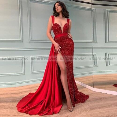 Long Burgundy Mermaid Sequin Evening Dress 2021 Split Arabic Robe de Soiree Elegant Prom Party Dresses Vestido de Festa