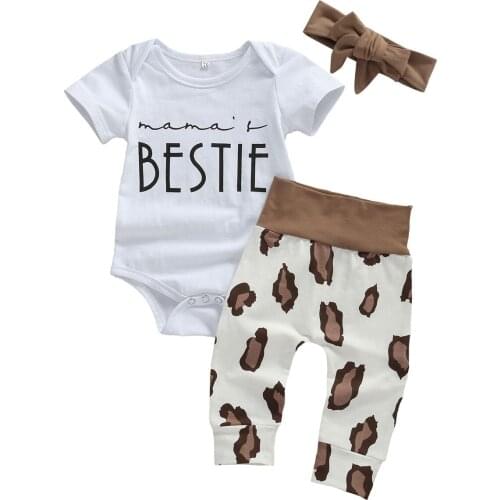 Newborn Baby 3pcs Sets Girls Clothes Letter Print Short Sleeve Romper Tops+Leopard Pants Headband 0-18M Summer