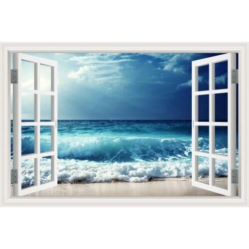 3D Hot ]Window Frame Cloudy Sea Wave Window Mural Vinyl Bedroom Vinyl Wallpaper Wall Decals Stickers Christmas Wall Sticker