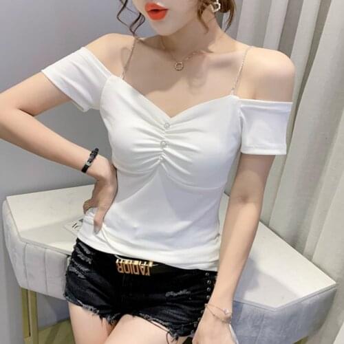 #6121 Summer Slash Neck Short Sleeve T Shirt Women Buttons Slim Backless Sexy Off Shoulder T-Shirts For Women Spaghetti Strap