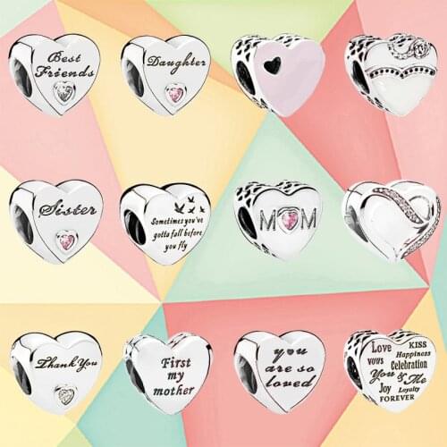 100% 925 Sterling Silver Heart-shaped Love Family Beaded Trinkets Suitable Diy Mothers Day Bracelet Gift Wedding Jewelry