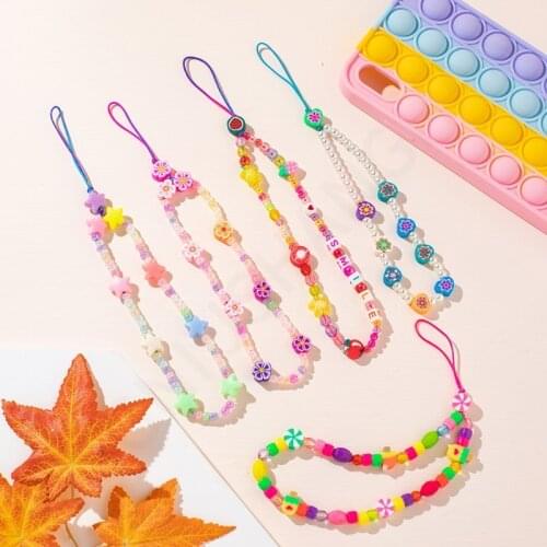 Fruit Flower Acrylic Beads Chain for Mobile Phone Colorful Phone Lanyard Cell Phone Chain 2021 Hanging Phone String Wristband