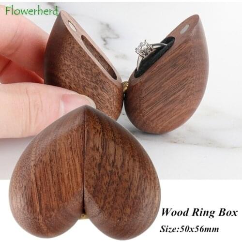 Walnut Wood Heart Shaped Ring Box Velvet Soft Interior Holder Organizer Jewelry Wooden Box Case for Proposal Engagement