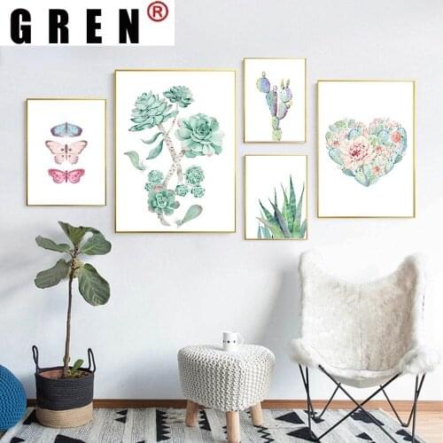 GREN Living Room Home Decor Nordic Watercolor Cactus Flowers Butterfly Canvas Painting Wall Art Painting Print Poster Picture