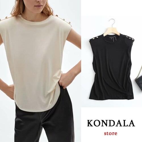 KONDALA Za Office Lady Womens T-Shirts Cotton Sleeveless T-Shirts Button Trim Elegant Female Tee Shirts Fashion 2021 Mujer Tops