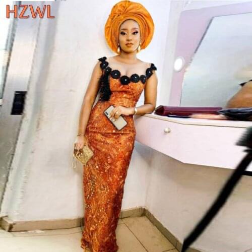 Saudi Arabia Sheer Neck Lace Prom Dresses Aso Ebi Style African Sleeveless Evening Gowns Floor Length Sheath Robe Party Dress