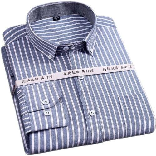 High Quality Oxford Mens Plaid Striped Single Patch Pocket Long Sleeve Regular-fit Comfortable Casual Button-collar Cotton Shirt