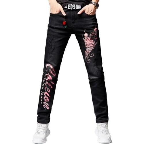 High Embroidery Printed Street Fashion Mens Butterfly Letter Painted Black Designer Skinny Hip Hop Jeans Stretch Denim