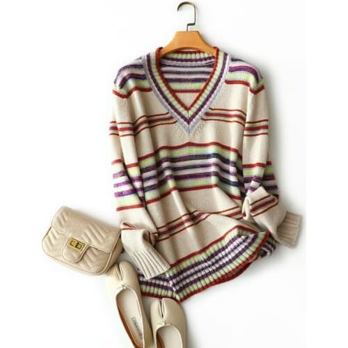 2020 winter new styles 100% cashmere v neck striped sweater women knitted thick pullovers female