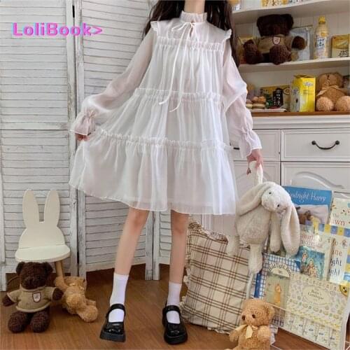Lolibook Women Flare Sleeve Ruffle Lace Up Cute Dress Vestidos White Black Lolita Dress Japanese Soft Girl Sweet Princess Dress