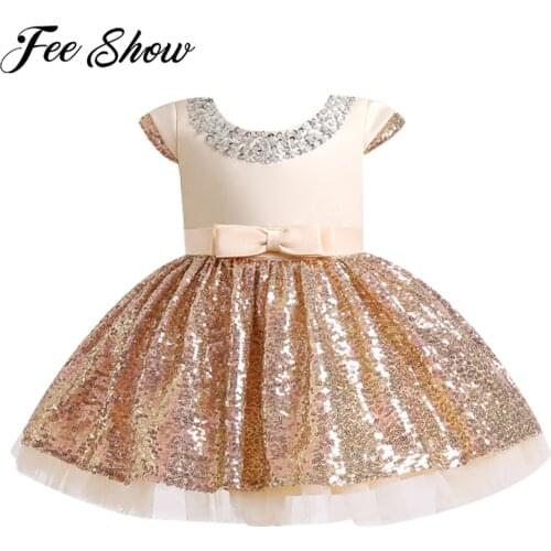 Girl Flower Sequins Dresses Rhinestone Beads Bowknot Tutu Party Dress Kids Dresses for Girls Birthday Wedding Girls Clothes