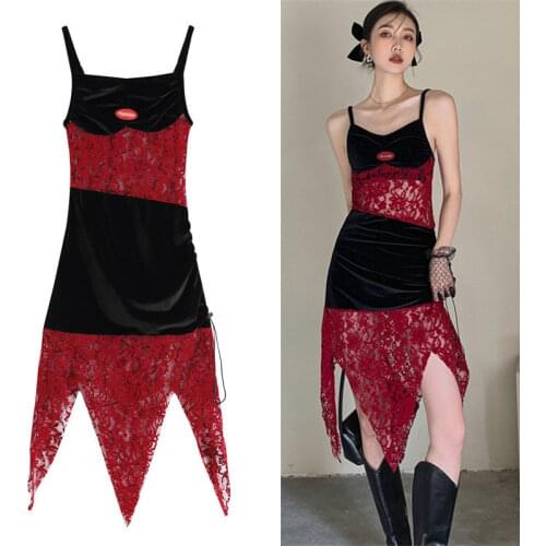 Strap V-neck Sexy Women Evening party dresses Gold Velvet patchwork hollow out lace dress summer backless