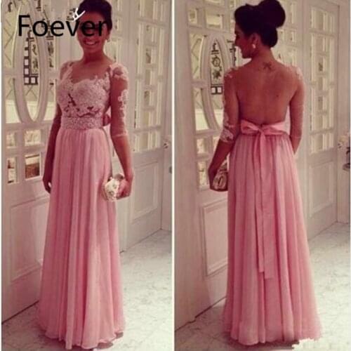 Sexy Bare Back Crystal Beaded Long Bow Belt Vestido Longo Festa Lace Appliques Chiffon Pink Prom Dresses Long 2019