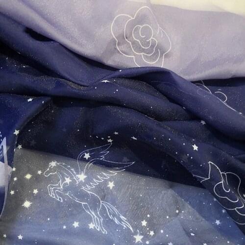 150cm Wide Glitter Soft Blue Stars Celestial Printed Fabric,Silky Chiffon Fabric Gradient Tulle Fabric for Dress by the Meter