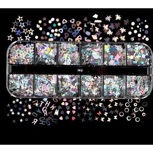 12 Grids/Set Silver Holographic Nail Art Decoration Sequins Mixed Graphic Flake Accessories for DIY Gel Nail Tips Design