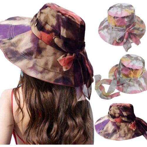 Women Summer Anti UV Tie Dye Wide Brim Bow Decor Foldable Outdoor Sun Hat Bucket Cap Multi-Color Optional Bone Cap