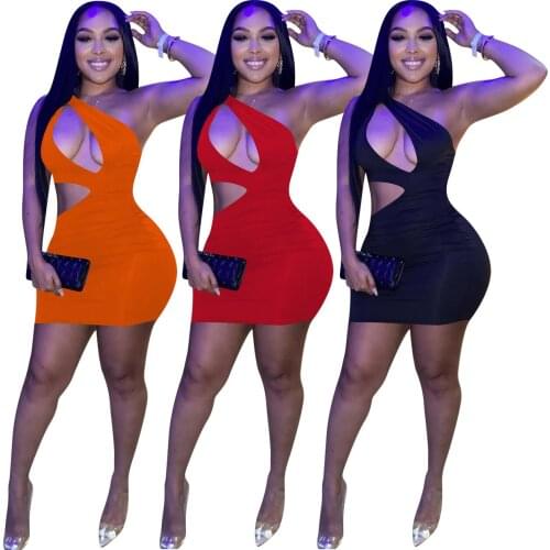 Women Summer Dress Sexy Night Clubwear Sleeveless One Shoulder Skew Collar Cut Out Strechy Print Mini Bodycon Dresses