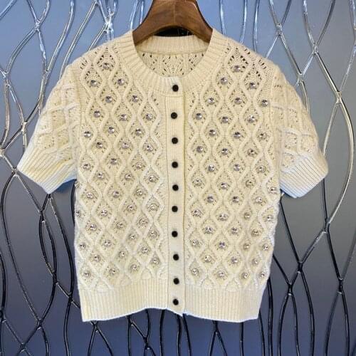 High Sweater Cardigan Women Quality Short Sleeve Spring Summer 2021 Fashion Solid Diamond Shine Single Breasted Knitted Crop Top