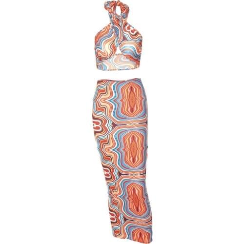 Quanss Summer Sleeveless Vest And Skirt Set Women 2021 Fashion Print Sexy Beach Hollow Out Crop Top Split Skirts Two Piece Suit