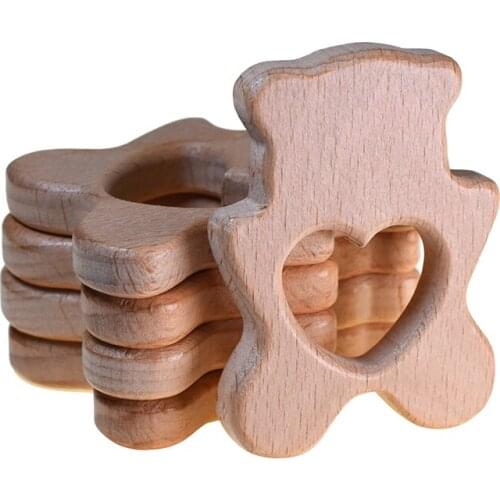 1pcs Physical Polished Cartoon Bear Shape Beech Wooden Teether Hard Wood Pendant Baby Teether for Chewing Toys