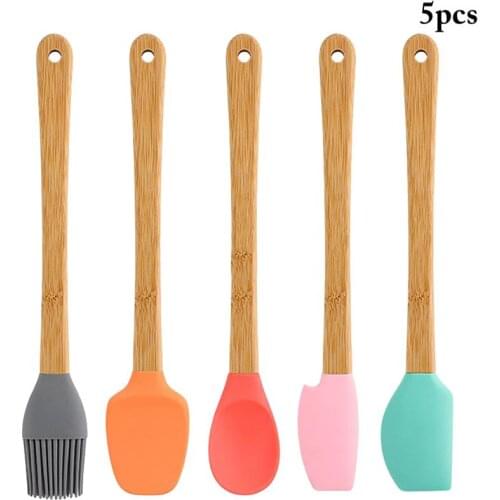 5 Pcs/Set Food Grade Silicone Spatula Non Stick Butter Cooking Scraper With Wooden Handle Household Kitchen Baking Tools