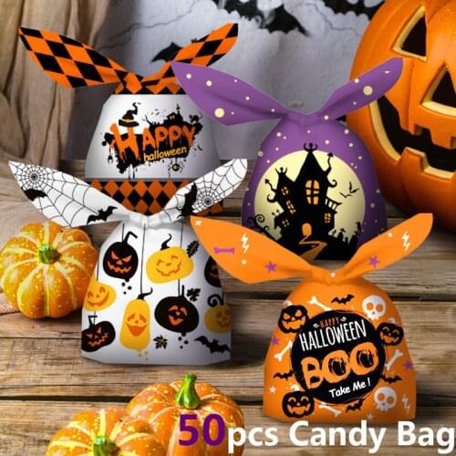50pcs Halloween Candy Bags Cute Gift Bag Trick or Treat Kids Gift Pumpkin Bat Candy Boxes Halloween Party Decoration Supplies