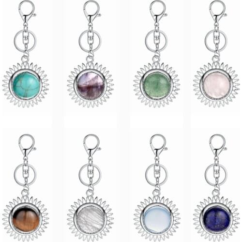 ASHMITA Natural Flower Gem Pendant Keychain Solar Moon Sun Stone Crystal Key Chain Ring Chakra Reiking Jewelry