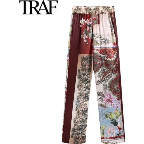 Traf Za Women Clothing 2021 Spring Autumn Vintage Streetwear Pants Elastic High Waist Printing Pants Korean Fashion Trousers