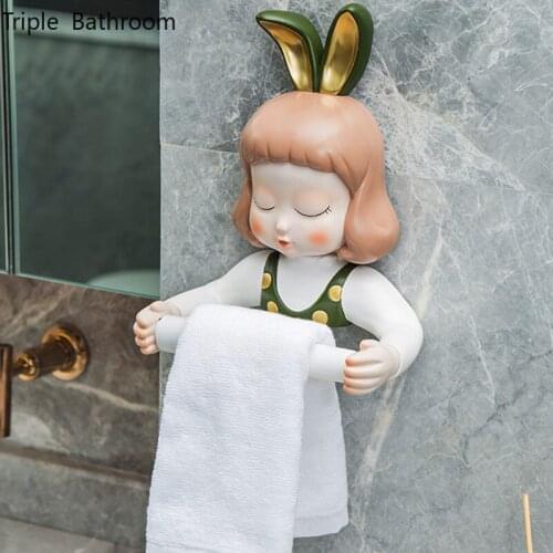 Cute Rabbit Girl Restroom Tissue Holder Resin Paper Towel Holder Punch-free Home Bathroom Accessories Paper Storage Stand