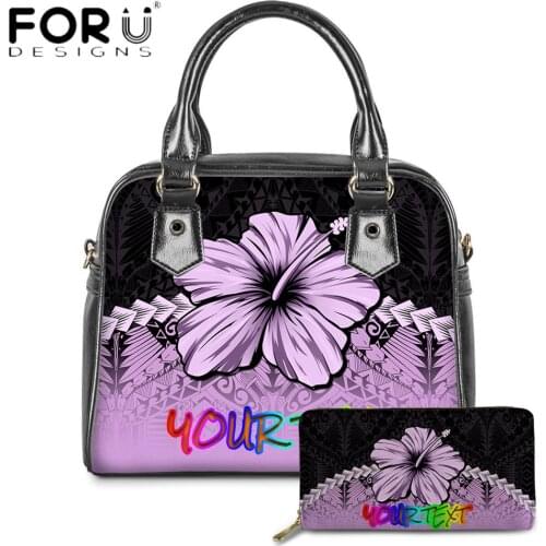 FORUDESIGNS High Quality 2pcs Women Pu Leather Handbag And Purse Set Polynesian Hawaii Hibiscus Print Ladies Messenger Bolsa