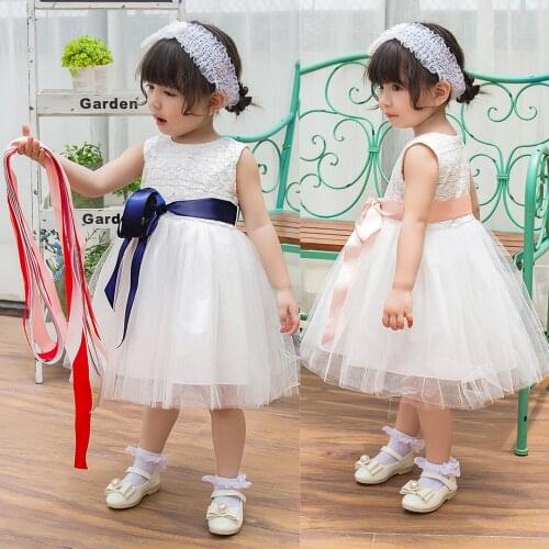 Summer 1 Year Birthday Dress Girl Baby Christening Gowns Infant Baptism Sleeveless Dresses Newborn Babies Clothes 5 Color Belts