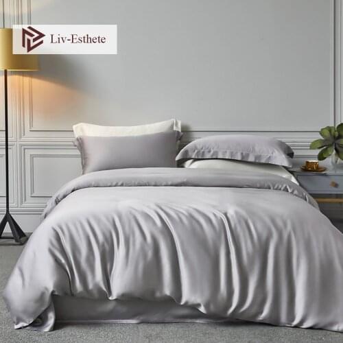 Liv-Esthete Nature 100% Silk Noble Gray Bedding Set Beauty Duvet Cover Flat Sheet Pillowcases Double Queen King Bed Linen Set