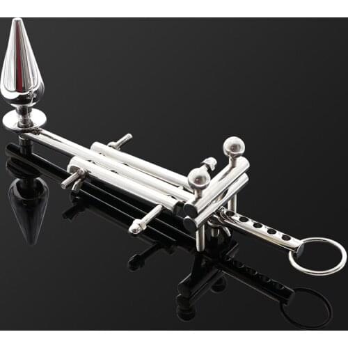 Multi-function Metal Male Chastity Belt Stretch Testicular with Anal Plug Penis Ring Ball Stretcher PENIS GLIP ADJUSTABLE STICK