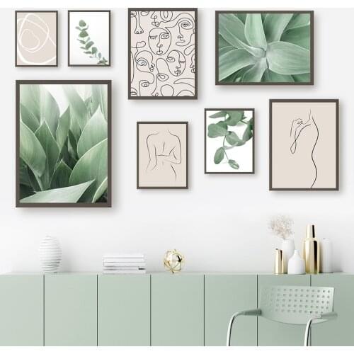 Tropical Green Plants Leaves Wall Poster Abstract Girl Body Face Lines Art Canvas Painting Home Decor Pictures for Interior