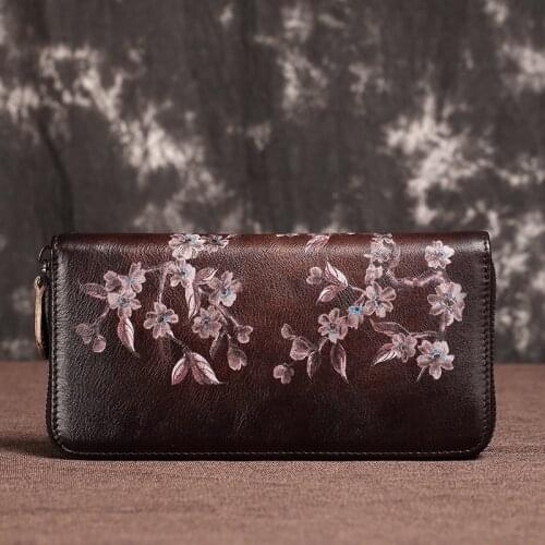 New Women Genuine Leather Purse Money Handy Bag ID Card Holder Coin Embossed Vintage Clutch Wrist Bags Natural Skin Long Wallet