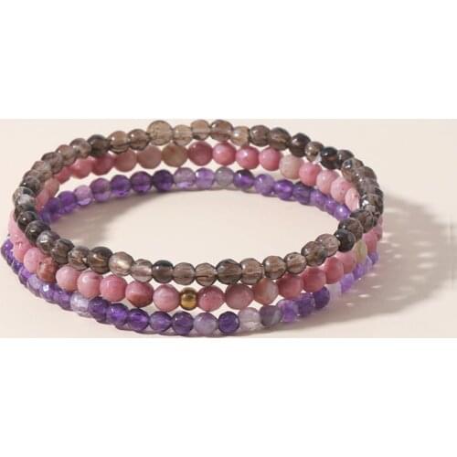 OAIITE Natural Faceted Stone Beads Bracelet Set Rhodonite Amethyst Stone Smoky Quartz Bracelet Bangle 3PCS Wrist Jewelry Set