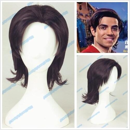 Movie Aladdin Prince Mena Massoud Cosplay Wig Aladdin Short Black Brown Heat Resistant Synthetic Hair Wig + Wig Cap