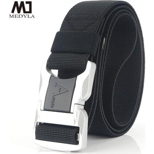 Medyla Mens Belt Silver Aluminum Alloy Safety Buckle Nylon Elastic Tactical Belt Quick Unlocking Outdoor Leisure Belt MN4005