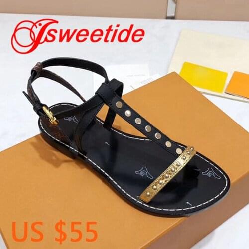 Womens sandals luxury brand summer new Rome rivet feet womens Top Quality Genuine Leather flat Gladiator T-Strap sandals