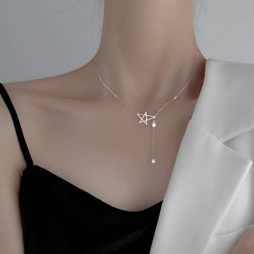 925 Sterling Silver Tassel Crystal Star Bead Charm Pendant Necklace For Women Elegant Party Jewelry dz781